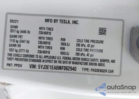 2021 Tesla Model 3 Standard Range Plus Rear-Wheel Drive из США, поврежденный, VIN 5YJ3E1EA8MF062940